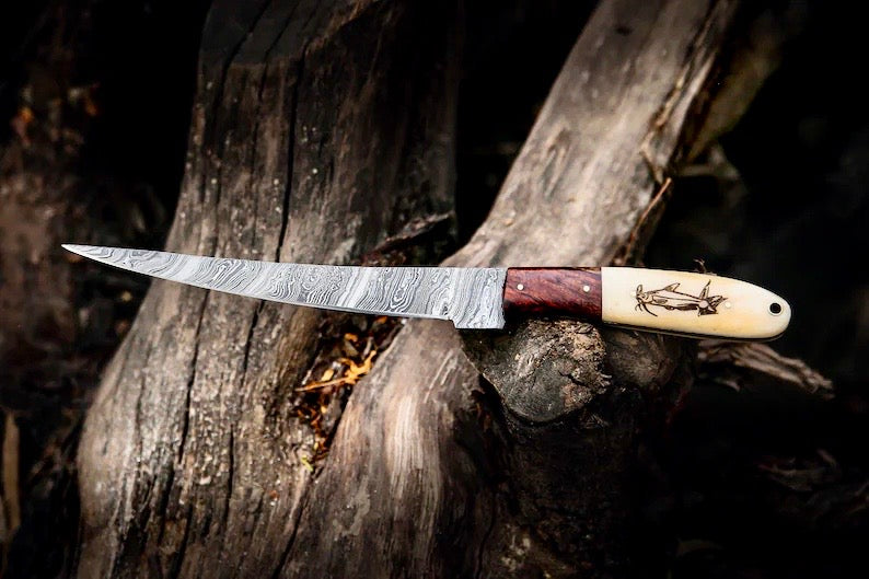 Handmade fish filleting knife with engraved camel bone handle and leather sheath