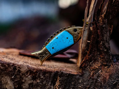 Handmade fish style Damascus folding knife with epoxy resin handle and brass accents, perfect gift item with leather sheath