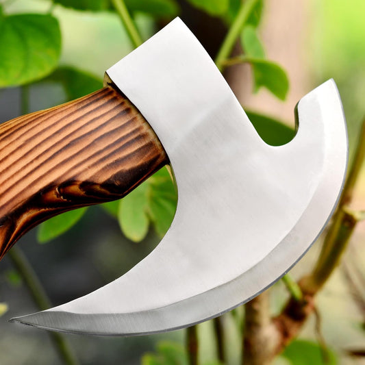 Handmade forged pizza cutter with 8-inch J2 steel blade and wooden handle