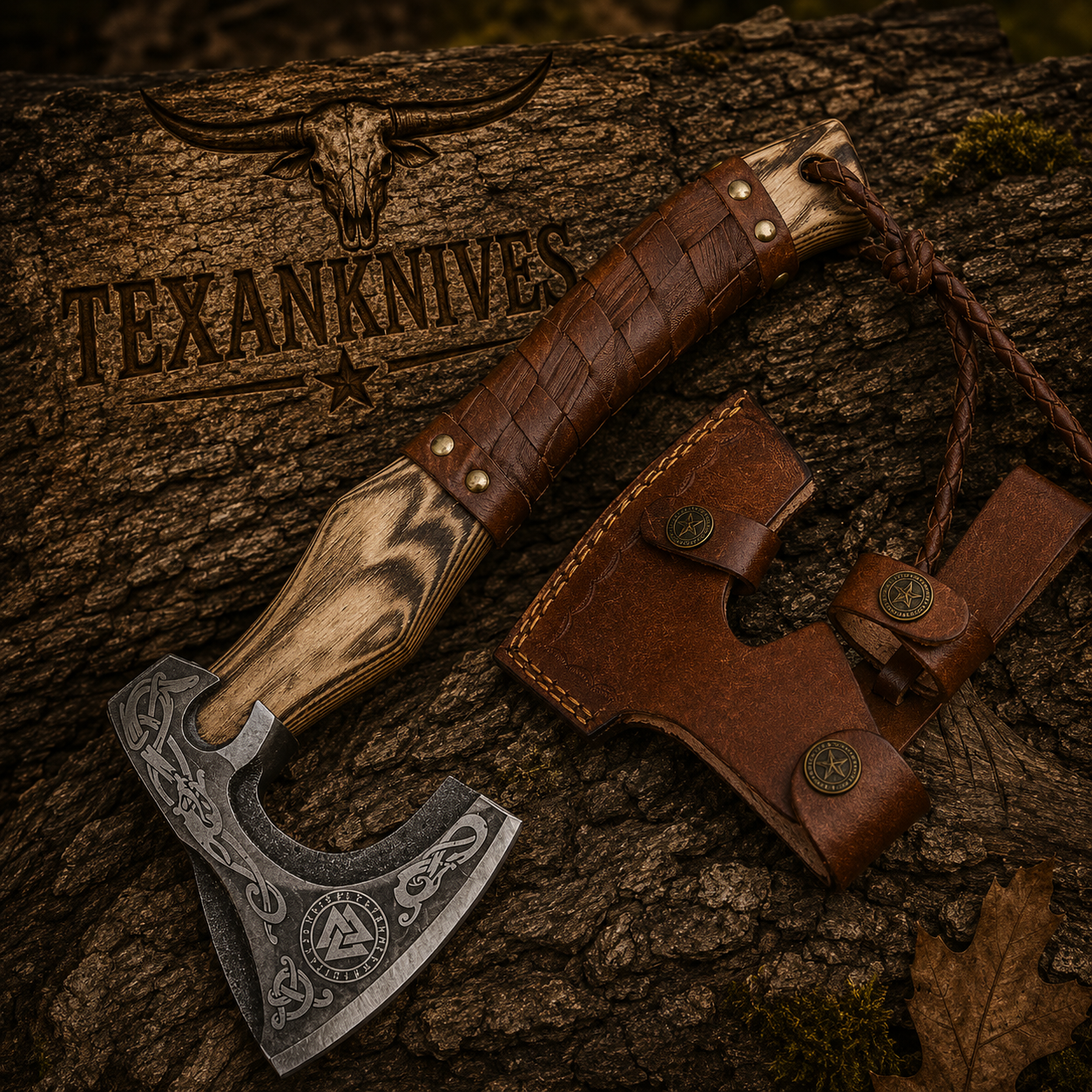 Handmade forged steel tomahawk with 15-inch ash wood handle and leather sheath