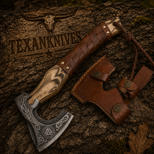 Handmade forged steel tomahawk with 15-inch ash wood handle and leather sheath