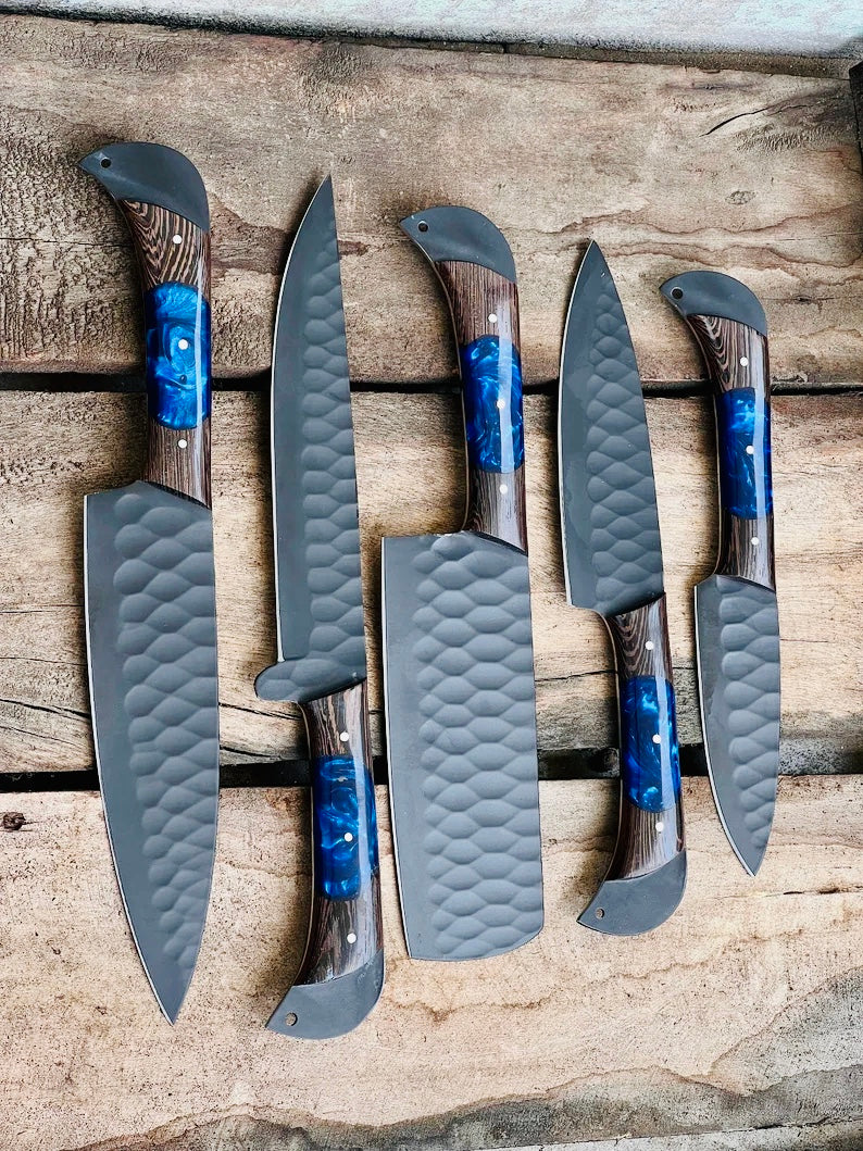 Knife Set for Sale – 13" Forged Damascus Steel Blade with Wenge Wood Resin Handle & Leather Sheath

