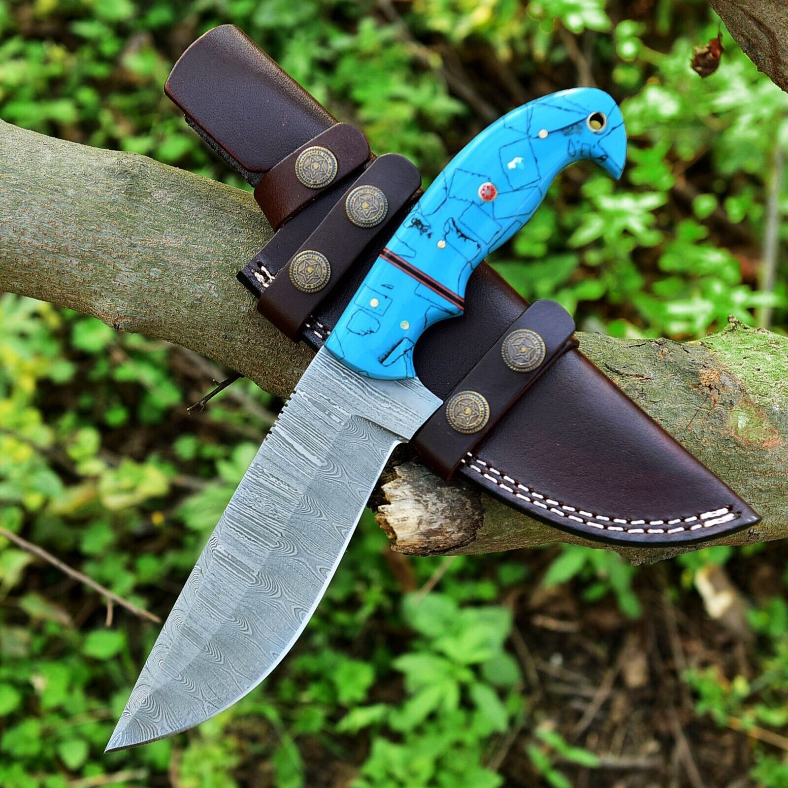 High-quality 10-inch Damascus steel hunting knife with a sleek resin handle and leather sheath for easy transport