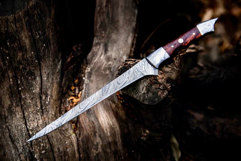 Handmade Damascus Steel Fish Fillet Knife – 13” with Rosewood Handle & Leather Sheath


