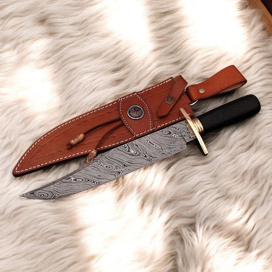 Large Bowie Knife – 15" Handmade Damascus Steel Blade with Epoxy Resin Handle, Brass Guard & Leather Sheath