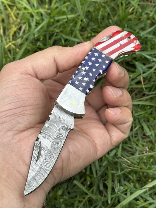 "Lone Star 3-Inch Custom Handmade Damascus Pocket Knife with Bone and Pakka Wood Handle"