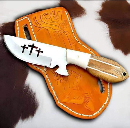 "Outdoor cowboy bull cutter knife with 4-inch J2 steel blade and leather sheath"
