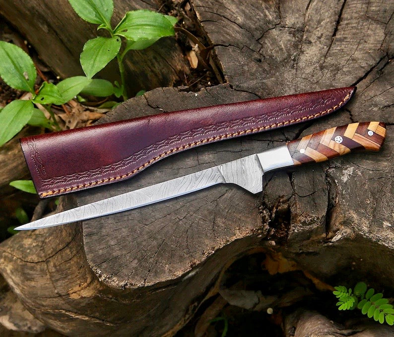 Handmade Damascus Fillet Knife 8” – Rosewood & Olive Wood Handle + Leather Sheath


