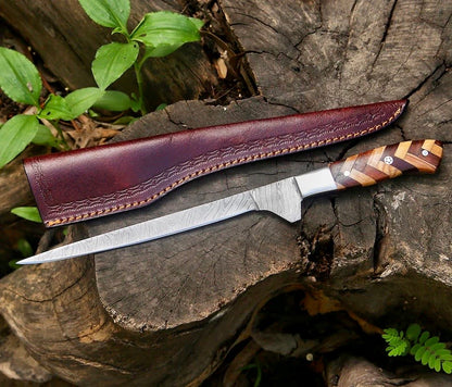 Handmade Damascus Fillet Knife 8” – Rosewood & Olive Wood Handle + Leather Sheath


