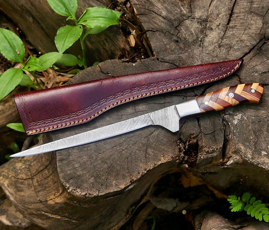 Personalized fillet knife with Damascus steel blade and wooden handle"