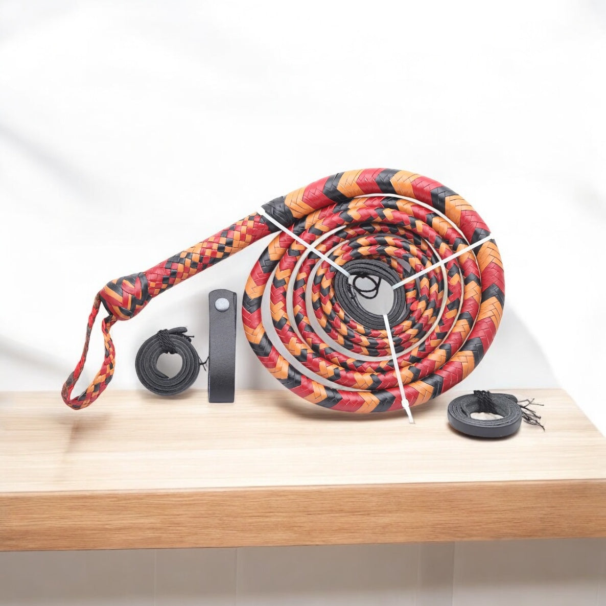 Handmade Red, Black & Orange Leather Bullwhip – Premium Cowhide Performance Whip (4ft–16ft)