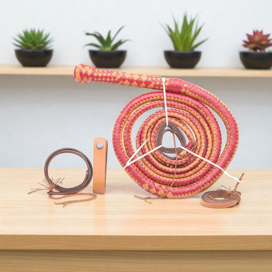 Bold Pink & Orange Leather Bull Whip – Handmade Cowhide Whip for Performance & Style (4ft–16ft)