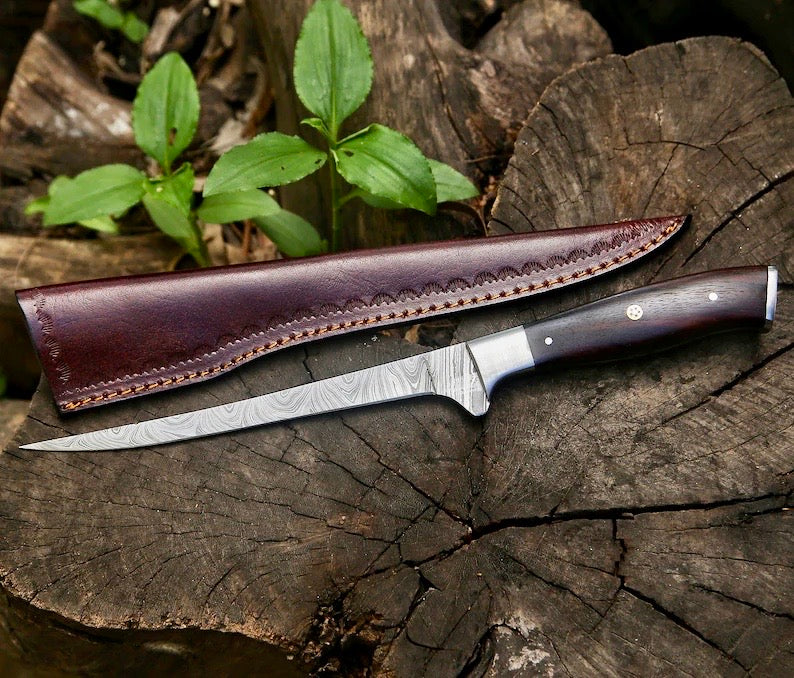 Premium Custom Fillet Knife with Rosewood and Damascus Steel Design