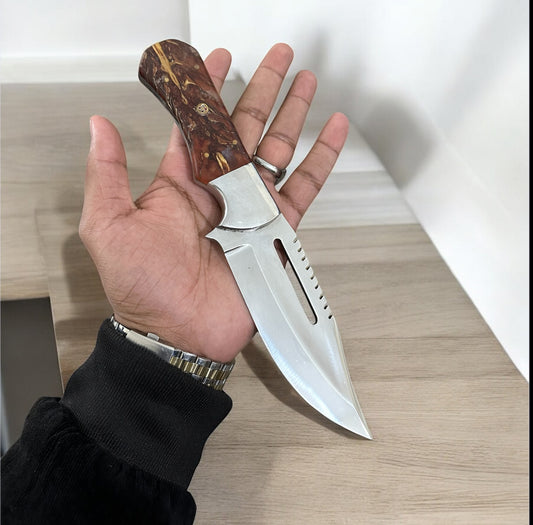 "Premium D2 Steel Hunting Knife with Pain Cone Handle and Leather Case"

