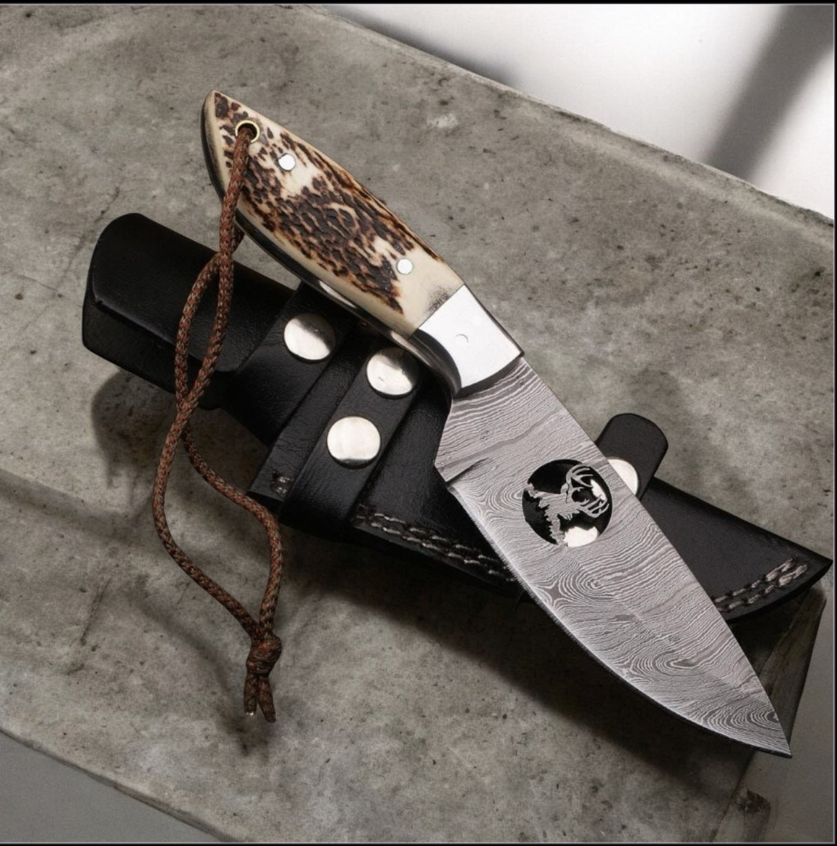 "Premium Damascus Steel Hunting Knife with Stag Horn Handle and Leather Belt Loop Case – 10 Inches Overall Length"


