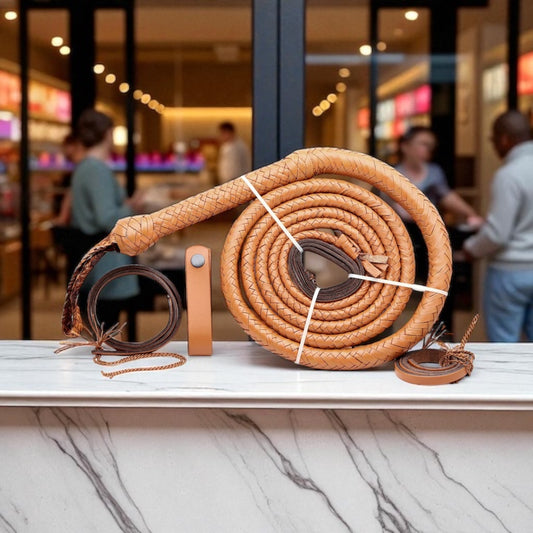 Premium Handmade Genuine Tan Leather Bull Whip – 4ft to 16ft Cowhide Western Whip