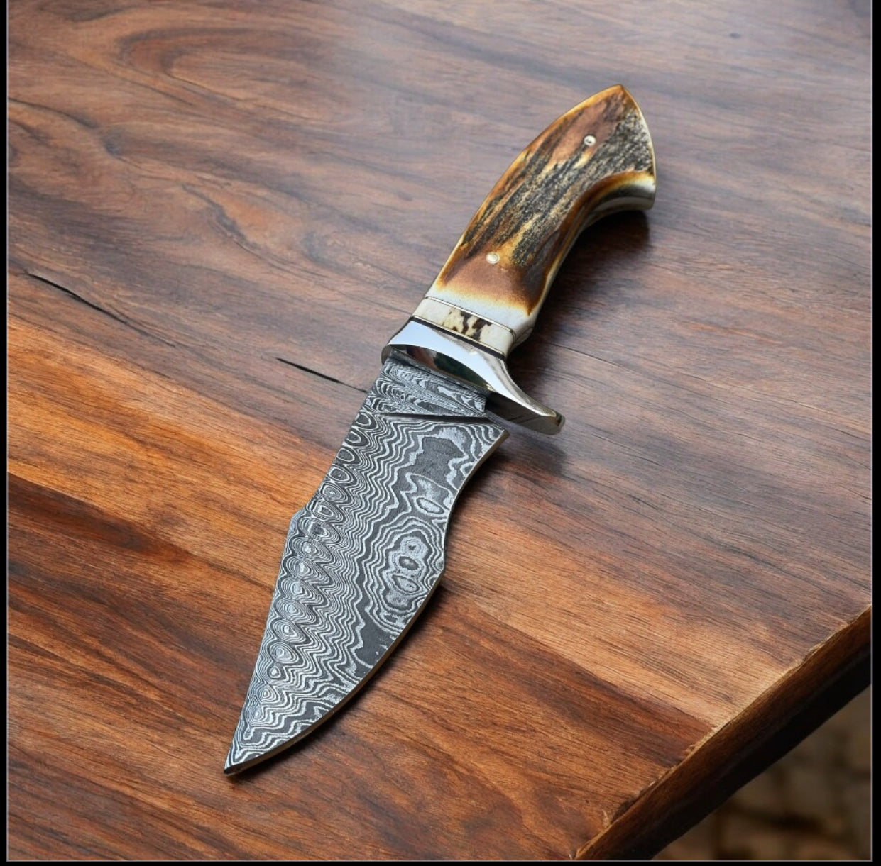 Premium Hunting Knife with Damascus Steel Blade and Stag Horn Handle – 10" Overall Length with Leather Belt Loop Case