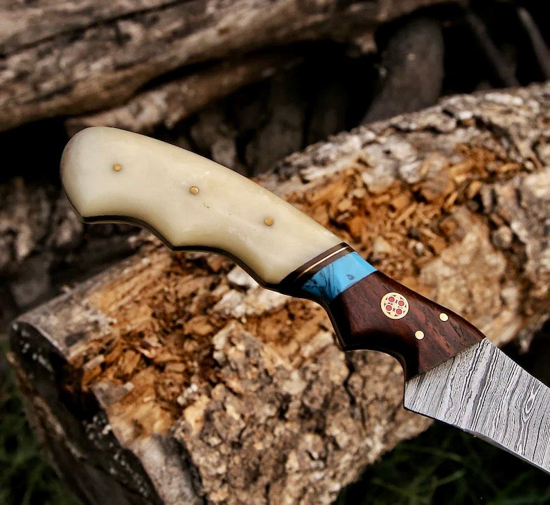 Fishing Fillet & Boning Knife – 13" Damascus Steel Blade with Camel Bone & Rosewood Handle + Leather Sheath