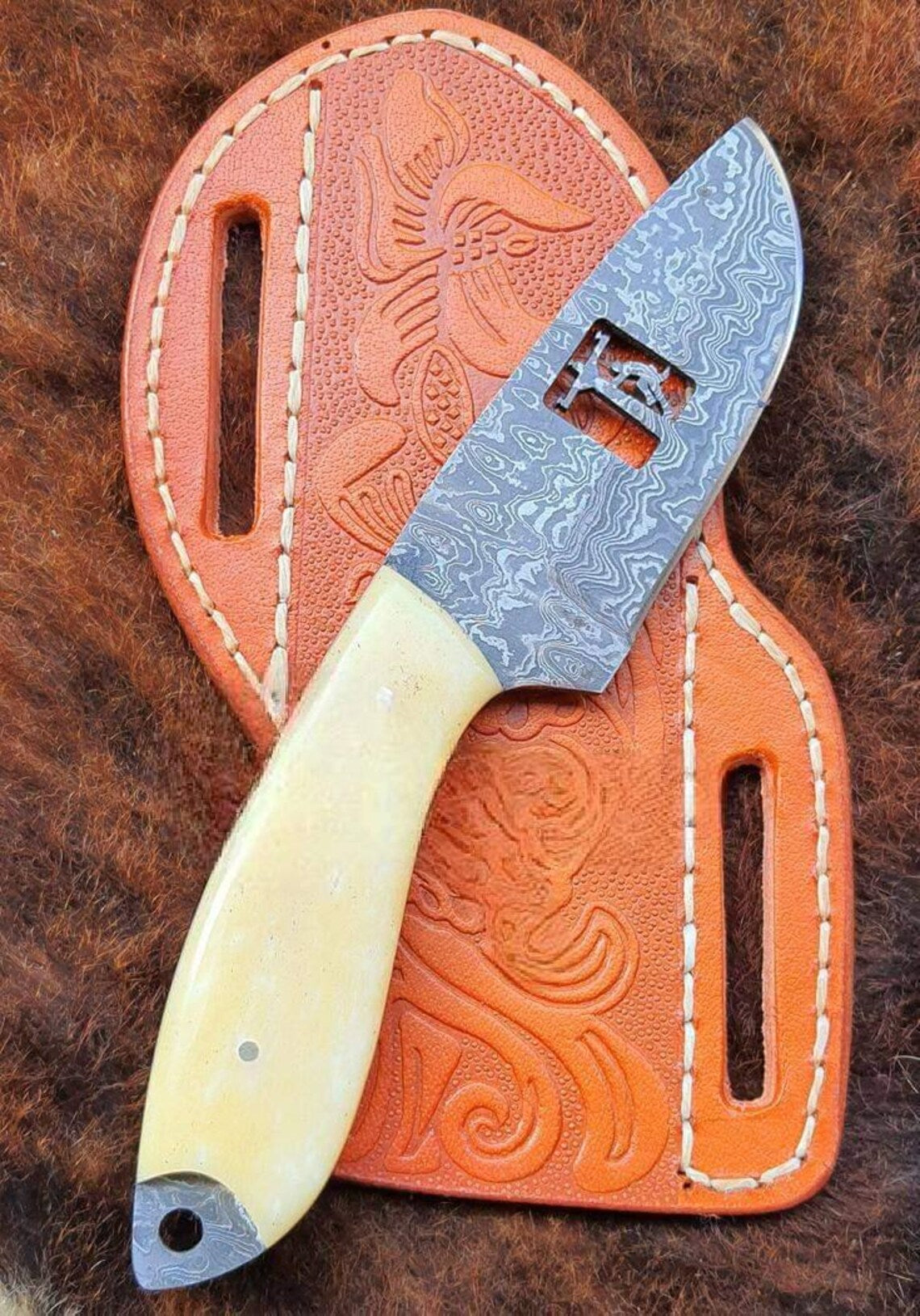 Premium custom handmade Cowboy Bull Cutter Knife with a camel bone handle and leather sheath