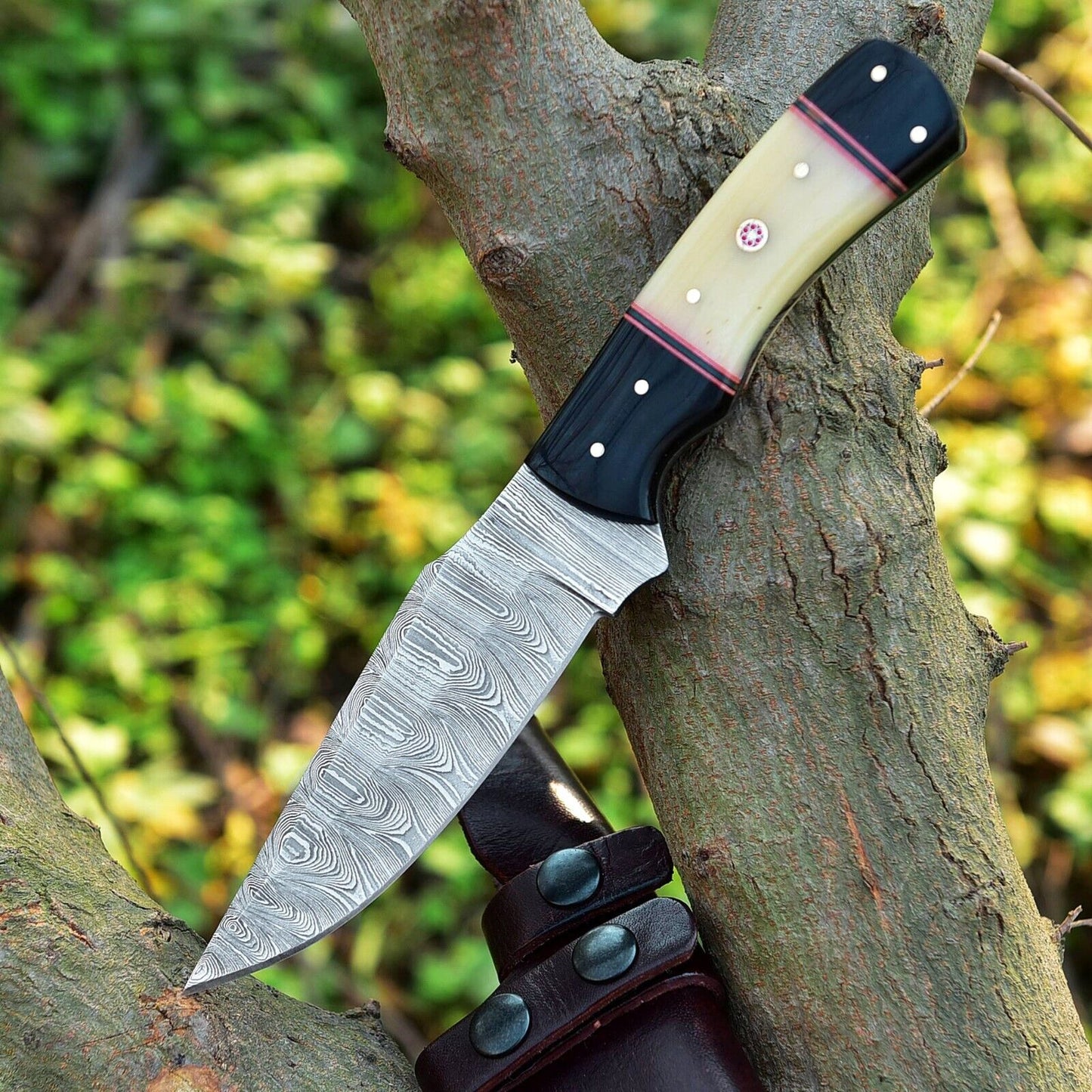 Premium skinning knife set with Damascus steel blade, custom camel bone and resin handle, ideal for precision skinning tasks