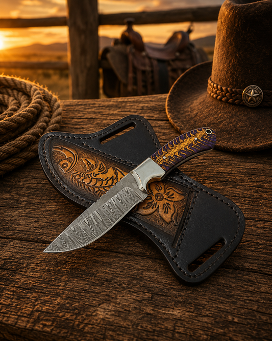 Rasp File Fixed Blade Knife with rasp tool steel blade, pine cone handle, and leather sheath
