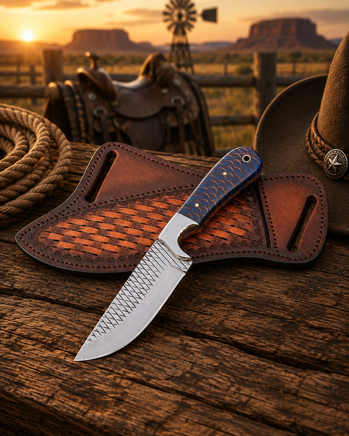 Rasp Steel Cowboy Knife with Pine Cone Handle & Leather Sheath