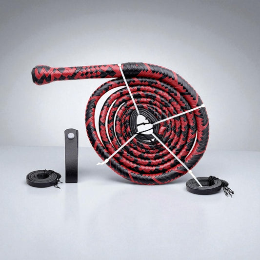 Red and black 16-plait leather bull whip