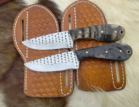 Rustic Cowboy Everyday Carry Knife – Handmade 8" Steel Blade with Sheep Horn Handle & Leather Sheath