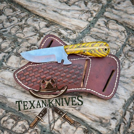 "Rustic Cowboy Knife Sheath with Pine Cone Handle and Leather Holster"

