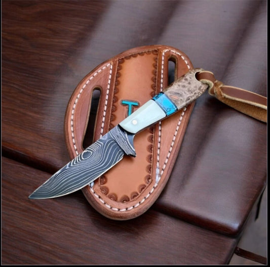 "Scott Reed Cowboy Switchblade with Damascus Steel Blade and Rosewood Resin Handle"

