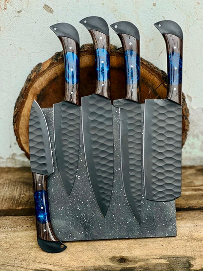 Knife Set for Sale – 13" Forged Damascus Steel Blade with Wenge Wood Resin Handle & Leather Sheath

