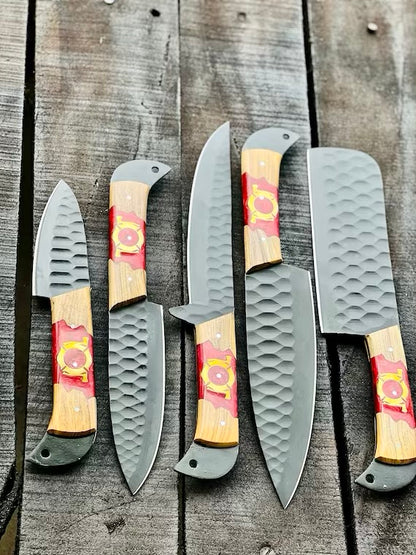 Stainless steel knife set with 8-inch forged blades, olivewood and epoxy resin handles