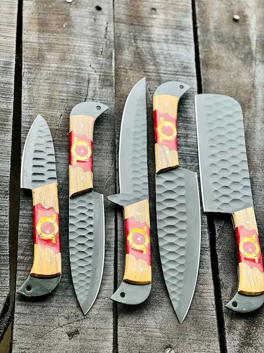 Stainless steel knife set with 8-inch forged blades, olivewood and epoxy resin handles