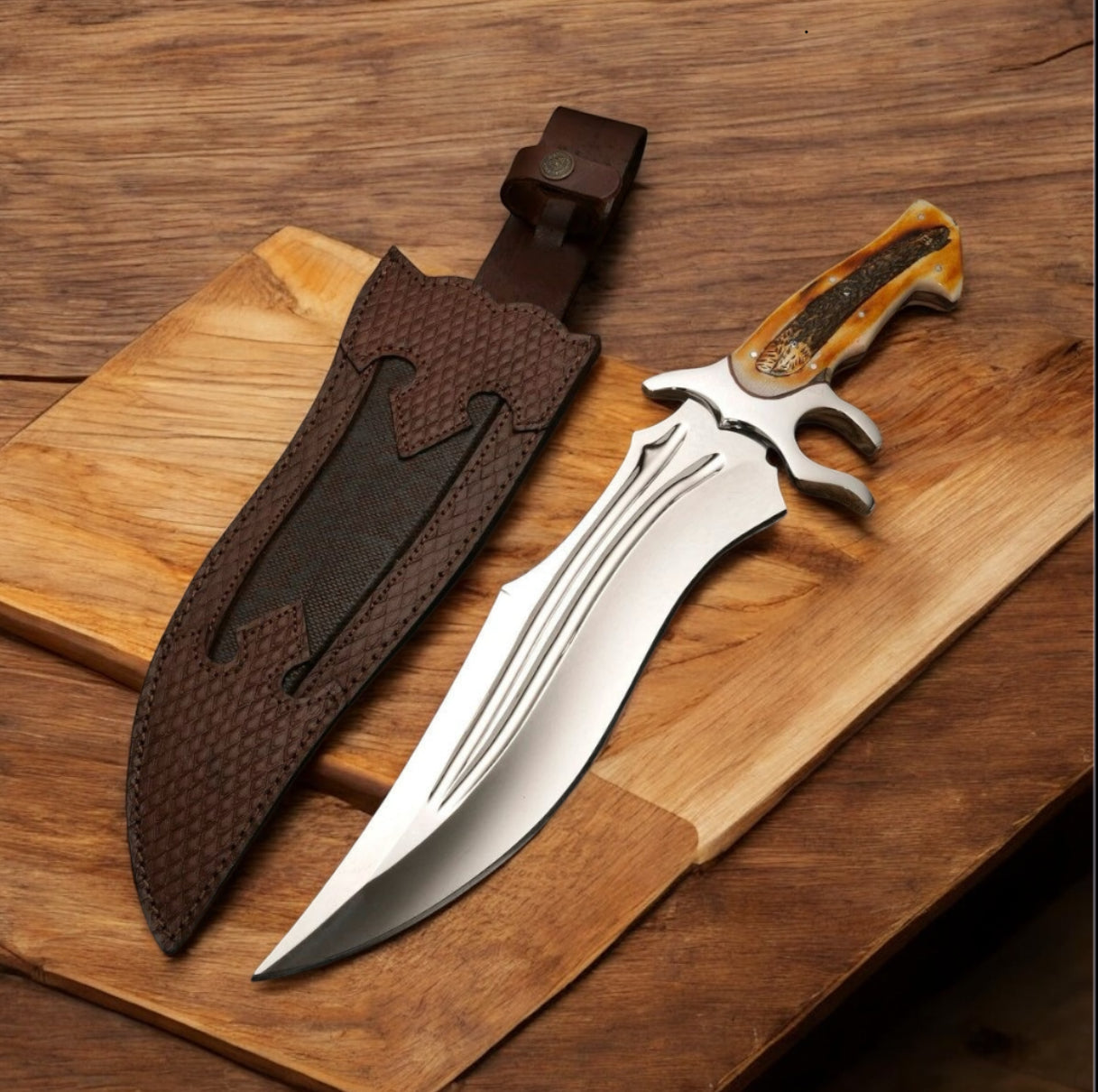 Texan Best Bowie Knife with 16-inch J2 steel mirror-polish blade, camel bone handle, and leather belt loop case – premium craftsmanship for collectors and outdoor use.