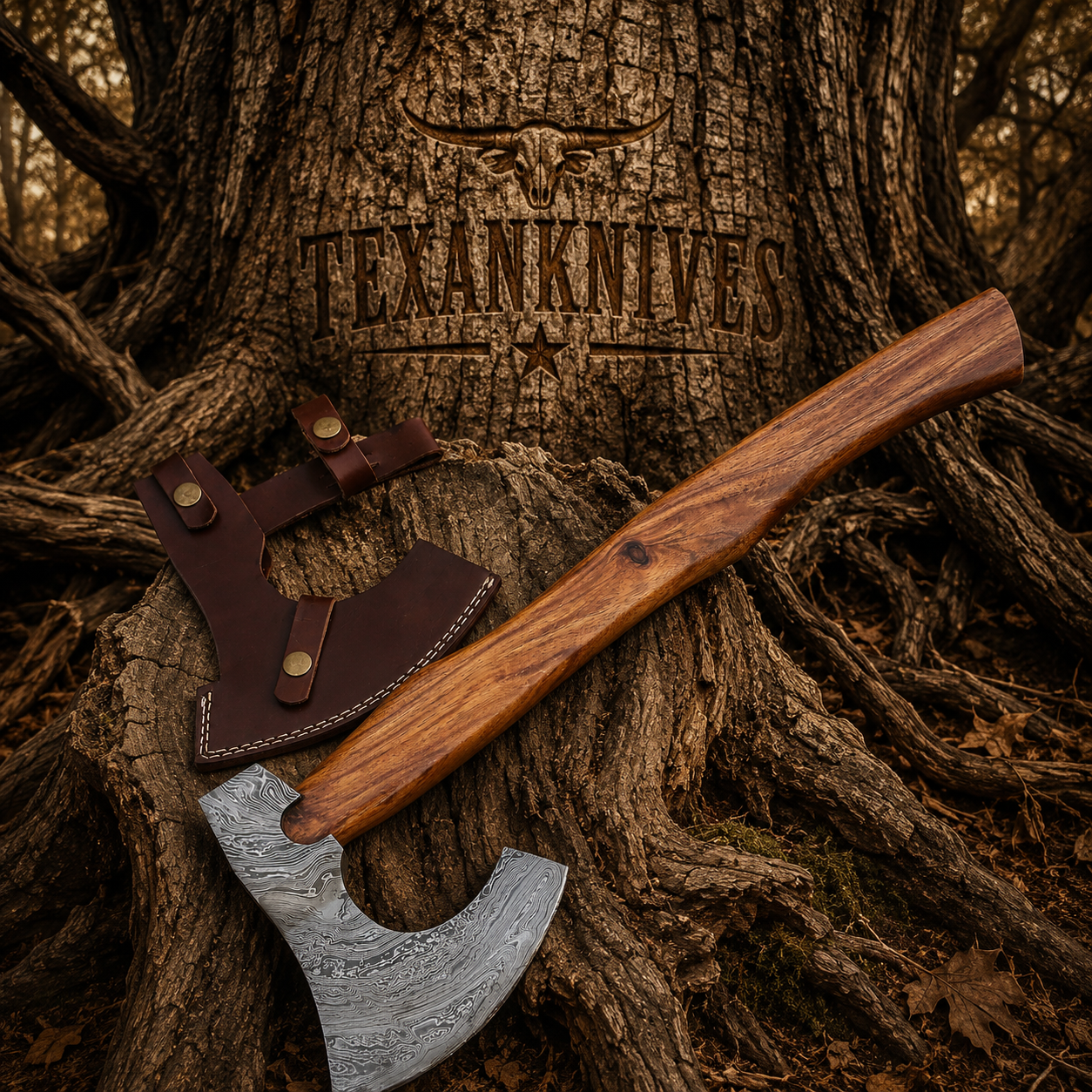 The Viking's Edge Damascus steel tomahawk axe with 19-inch rosewood handle and leather sheath