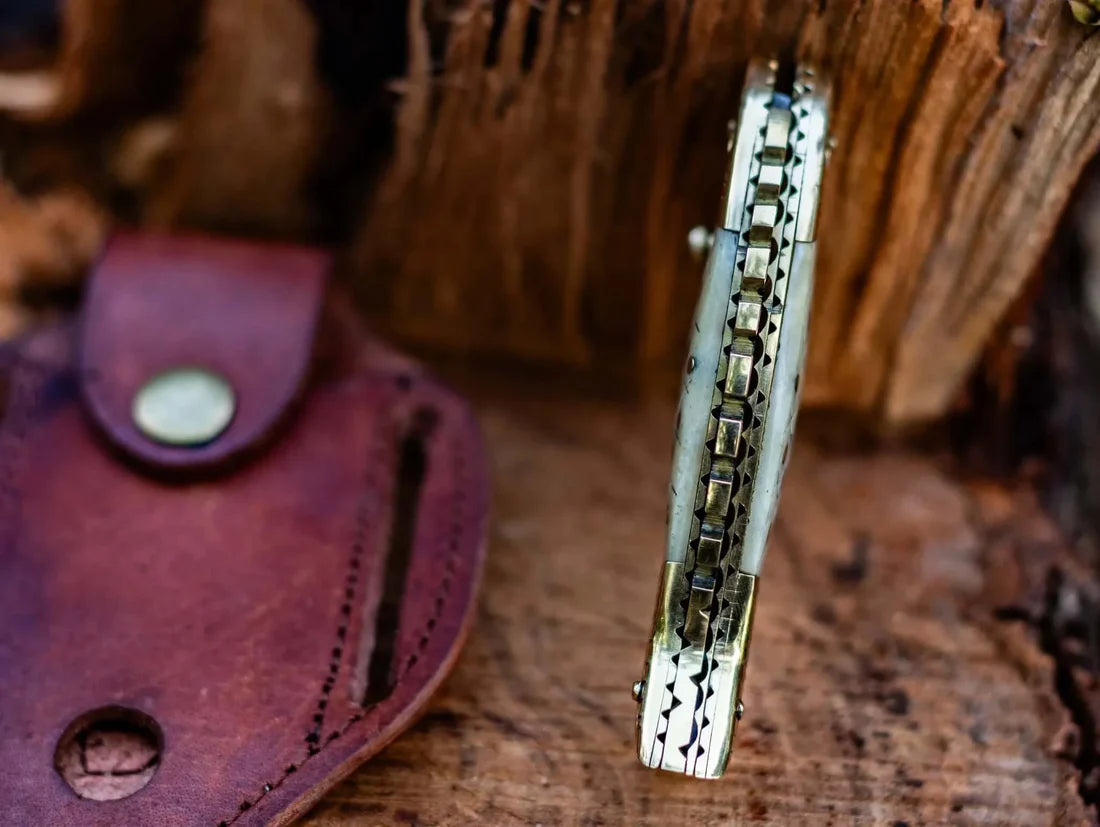 Unique fish-inspired Damascus steel folding knife featuring a sheep horn and brass handle, complete with a leather sheath.