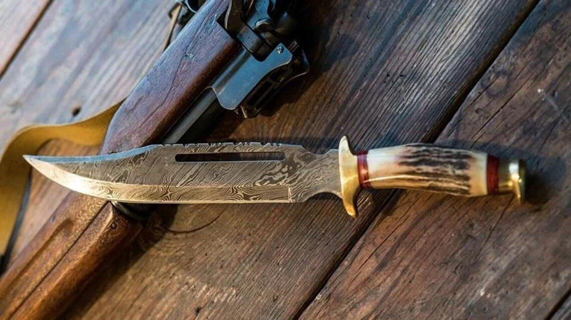 Vintage Damascus Bowie Knife for Sale – 13" with Leather Sheath.