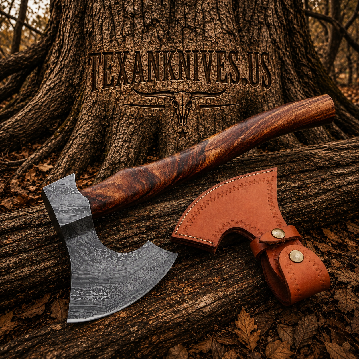 Warrior's Edge Damascus steel tomahawk hatchet with 19-inch rosewood handle and leather sheath