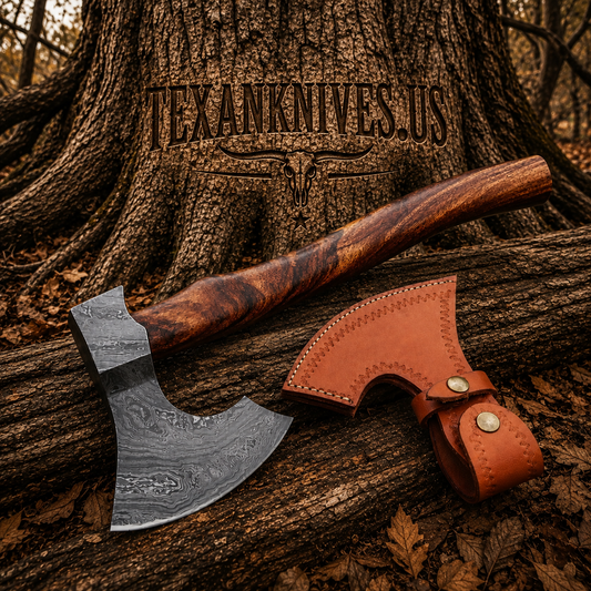Warrior's Edge Damascus steel tomahawk hatchet with 19-inch rosewood handle and leather sheath