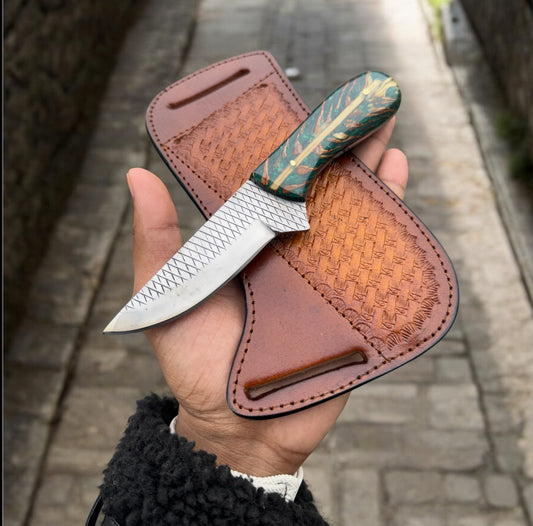 "Western Belt Knife securely stored in its premium belt loop leather case for easy carrying."

