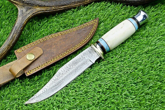"Western Boulder Colorado Knife with Damascus Steel Blade and Camel Bone Handle"
