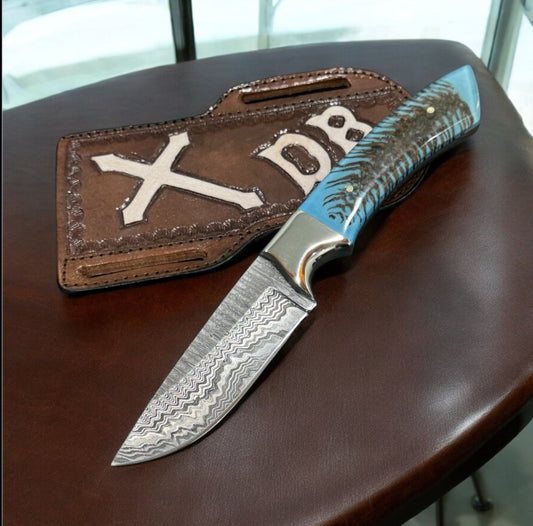 Western Cowboy Belt Knife with Damascus Steel Blade, Pine Cone Handle, and Leather Belt Loop Case - Premium Handcrafted Design for Outdoor Enthusiasts.

