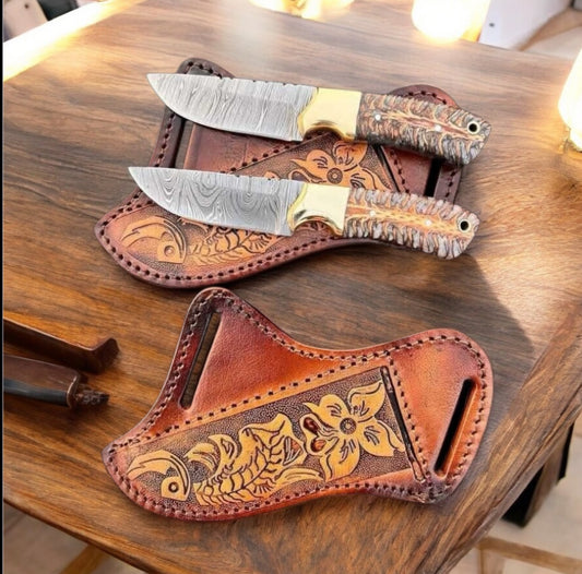 Western Cowboy Knife with Damascus Steel Blade, Pain Cone and Brass Bolster Handle, and Leather Belt Loop Case - Perfect for Outdoor Adventures and Collectors.

