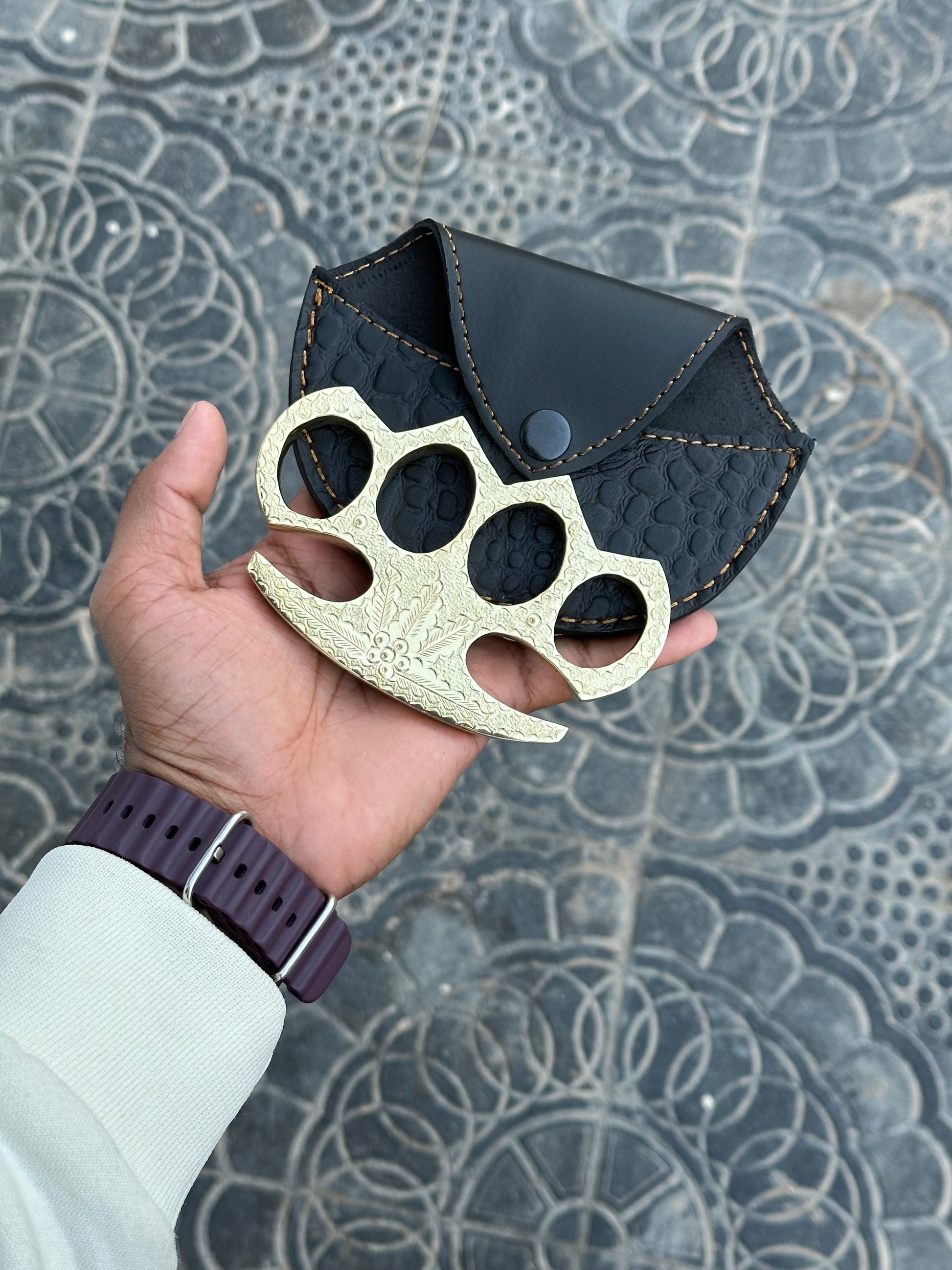 elf-Defense Brass Knuckles in Elegant Leather Case