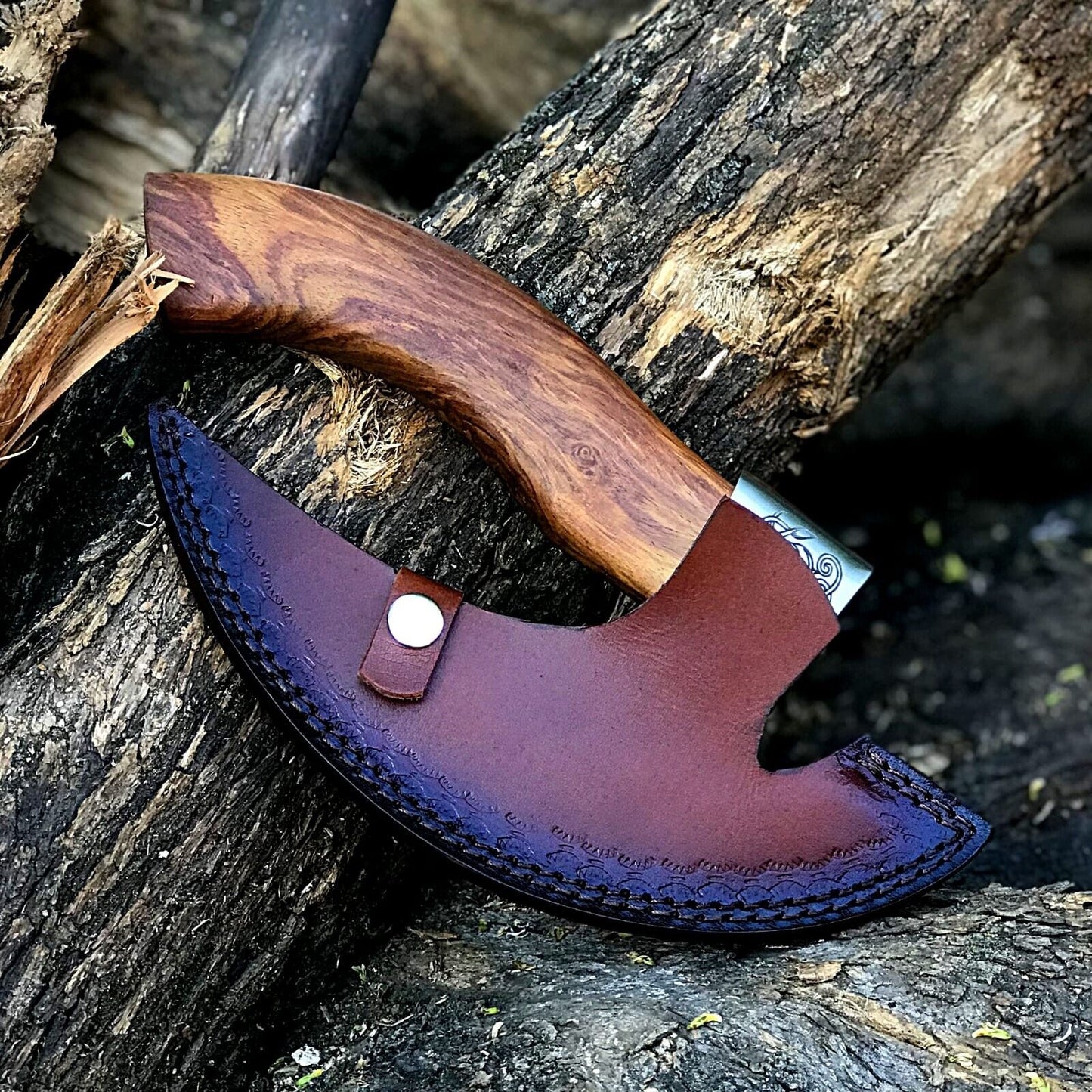Custom hand-engraved axe pizza cutter with J2 steel blade
