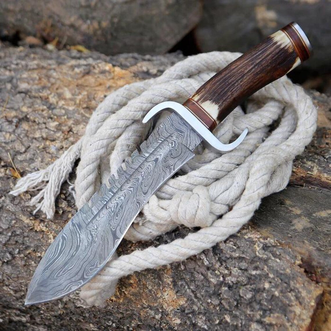 Damascus Steel Western Bowie Knife with Stag Horn Handle and Custom Sheath