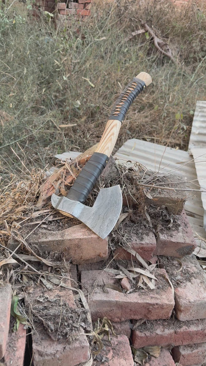 The “Viking’s Wrath” – Custom Handmade Viking Ax | Damascus Steel Blade & Ash Wood Handle