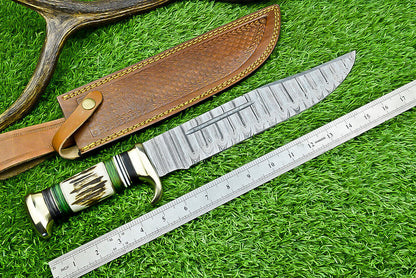 Custom Handmade Damascus Steel Crocodile Dundee Bowie Knife – 16" Blade with Stag Horn Handle & Leather Sheath