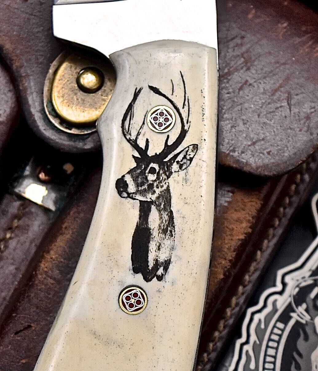 "Custom handmade 4.5-inch J2 steel skinning knife with engraved camel bone handle"